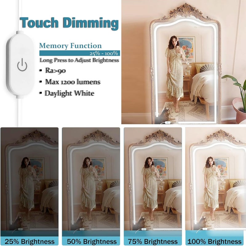 Blikshin أضواء مرآة الزينة LED، شريط إضاءة مرآة كامل الجسم بطول 13.2 قدم 6000 ك، أضواء زينة لاصقة مع محول تيار متردد تحكم باللمس، إضاءة مكياج لمرآة كامل الجسم/طاولة مكياج/حمام - Image 2